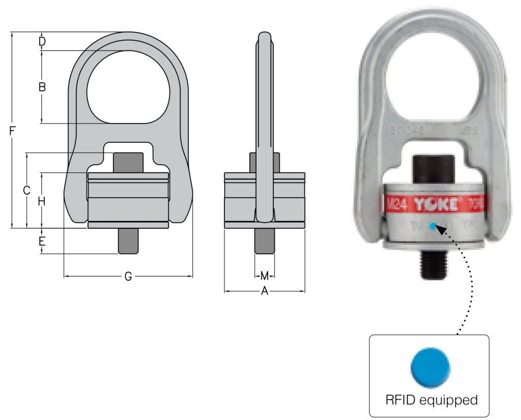 Yoke Digital Swivel Hoist Ring - type 203 metric thread with alloy steel washer diagram