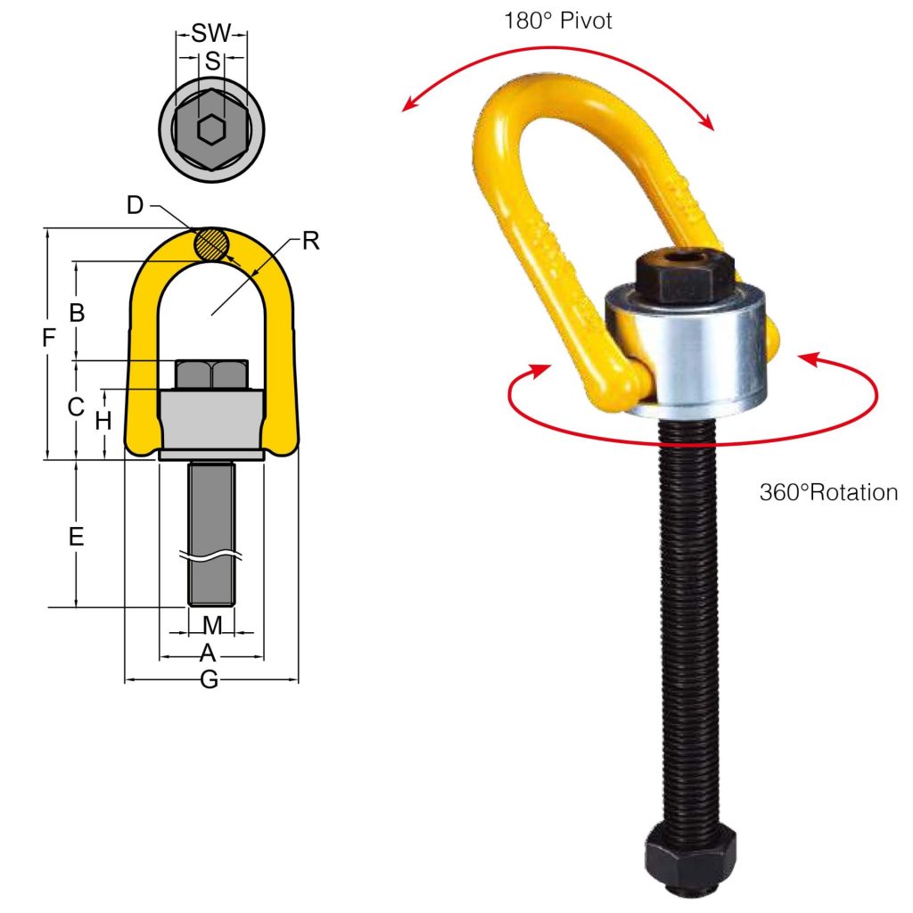 Yoke Digital Swivel Hoist Ring Long Bolt - type 231 metric thread diagram